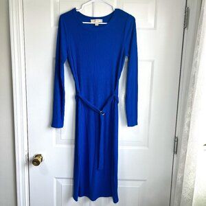 Michael Kors Cobalt Blue Knit Long Sleeve Midi Dress Double D Ring Belt Size M